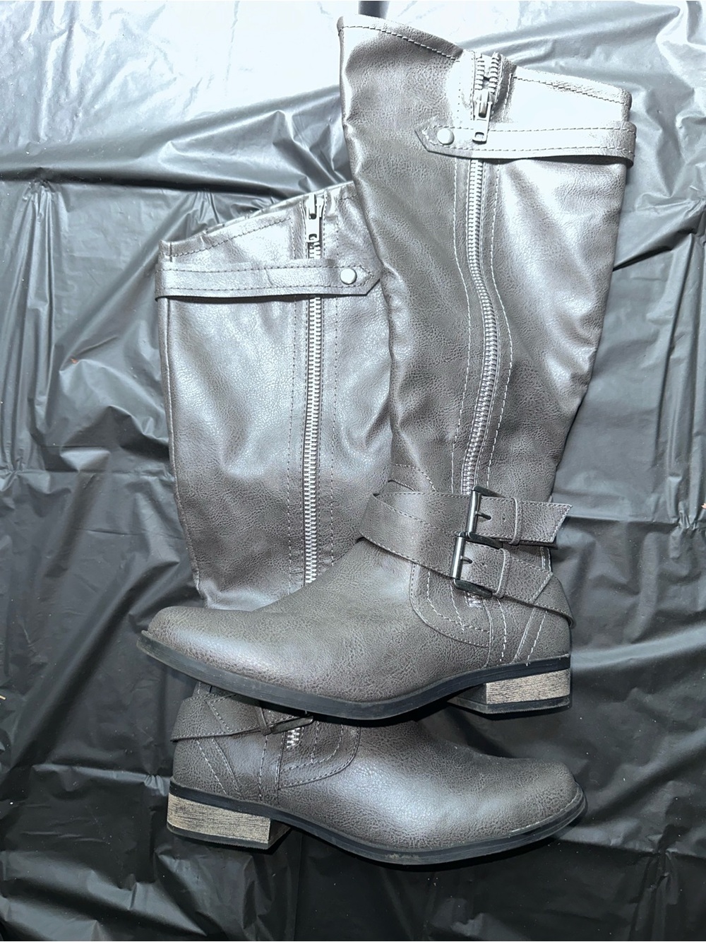 Rampage Gray Knee-High Buckle Heeled Boots